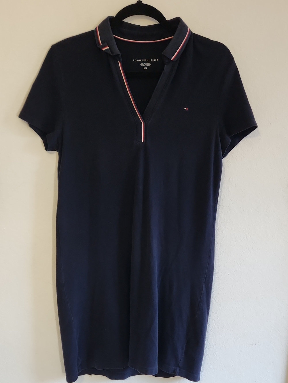 TOMMY HILFIGER Preppy Old Money Navy Blue Stretch Pique V-Neck Polo Dress S